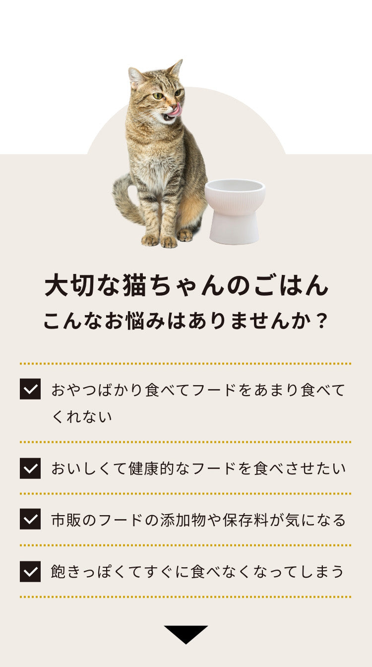 大切な猫ちゃんのごはんこんなお悩みはありませんか？おやつばかり食べてフードをあまり食べてくれない/おいしくて健康的なフードを食べさせたい/市販のフードの添加物や保存料が気になる/飽きっぽくてすぐに食べなくなってしまう